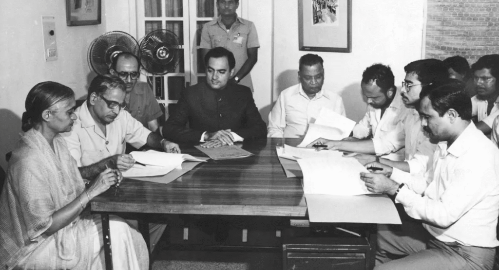 The signing of the Assam Accord on 15 August 1985 between Rajiv Gandhi and AASU